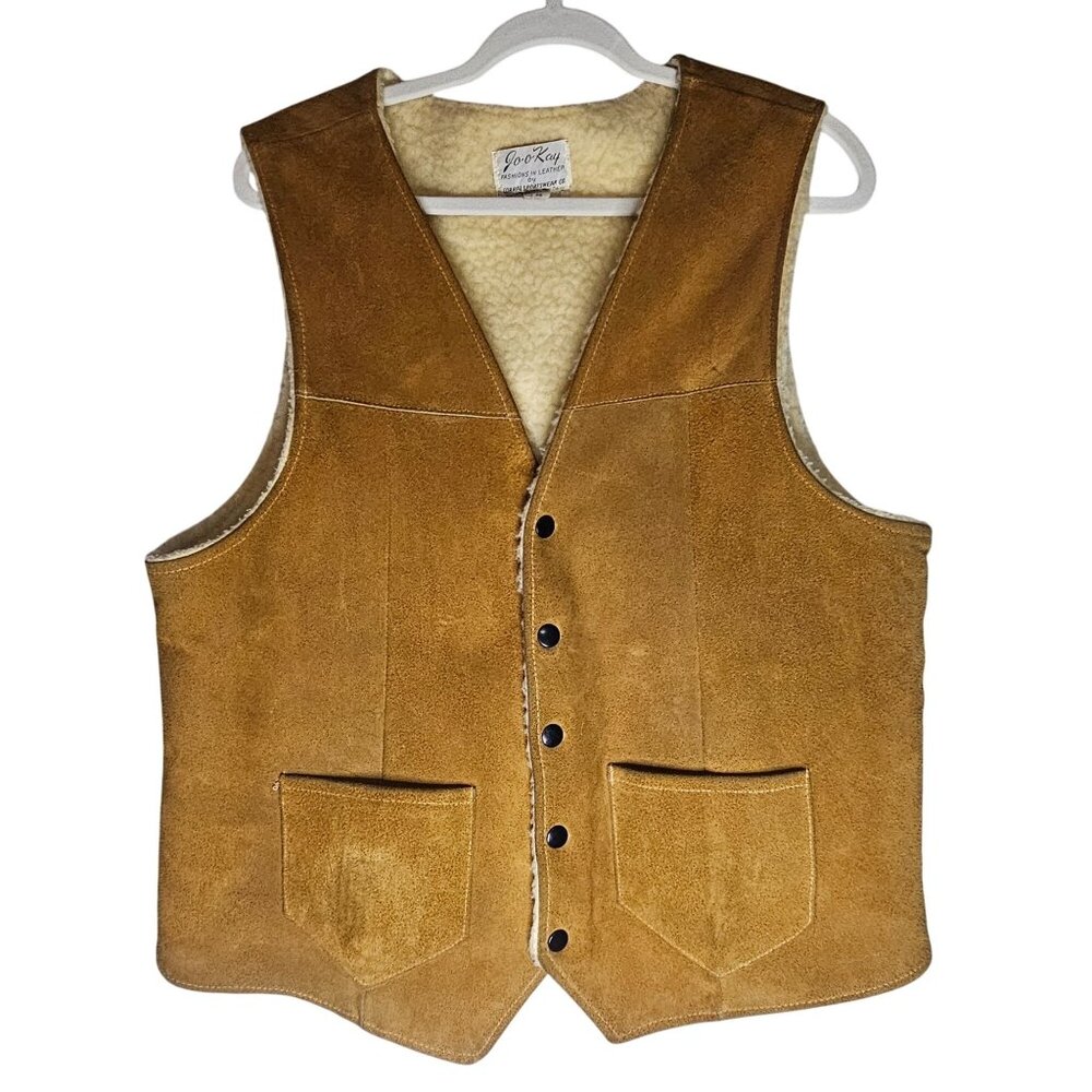 Vintage Jo-O-Kay Sherpa Men Lined Suede Leather Vest Snap Front & Pockets 60's